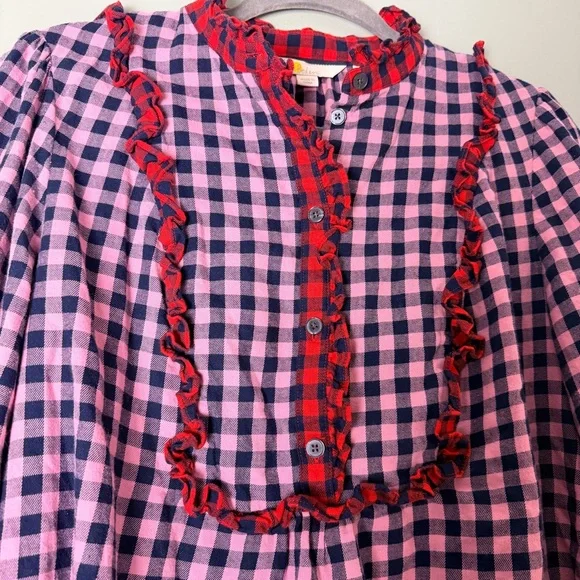 Boden Isla Frill Detail Pink and Black Plaid Cotton Flannel Button Up Shirt - Picture 6 of 10